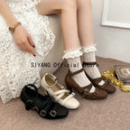 Sweet Lolita Cross Buckle Strap Women Mary Jane Shoes Fashion Multi Metal Buckle Shoes Retro Wedding Party Dress Ladies Pumps