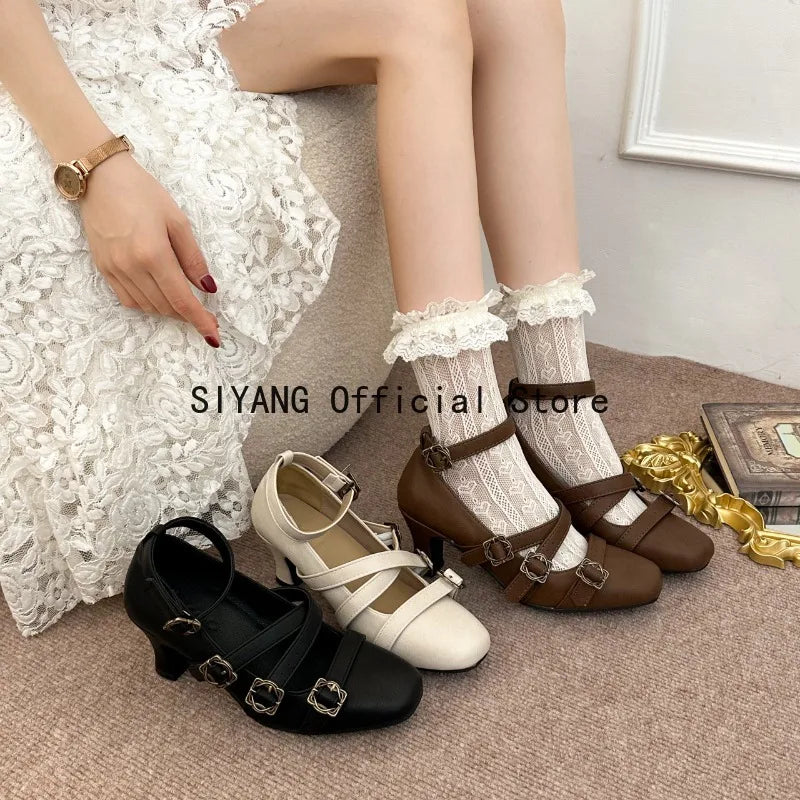 Sweet Lolita Cross Buckle Strap Women Mary Jane Shoes Fashion Multi Metal Buckle Shoes Retro Wedding Party Dress Ladies Pumps