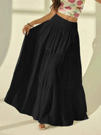 Summer Women White Tiered Maxi Skirt, High Waisted Elastic Waist Pleated Flowy Long Skirt