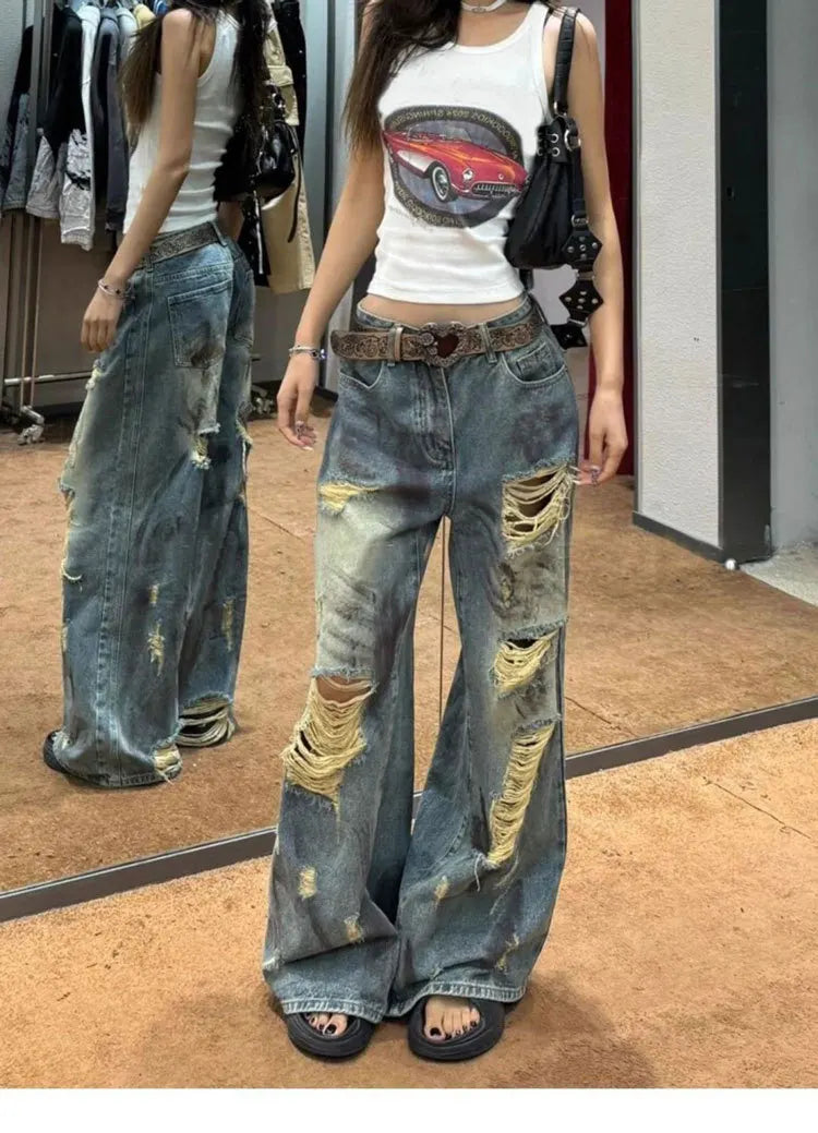 Women's Light Blue Distressed Wide Leg Jeans High Waist Heavy Ripped Vintage Y2K Baggy Denim Pants