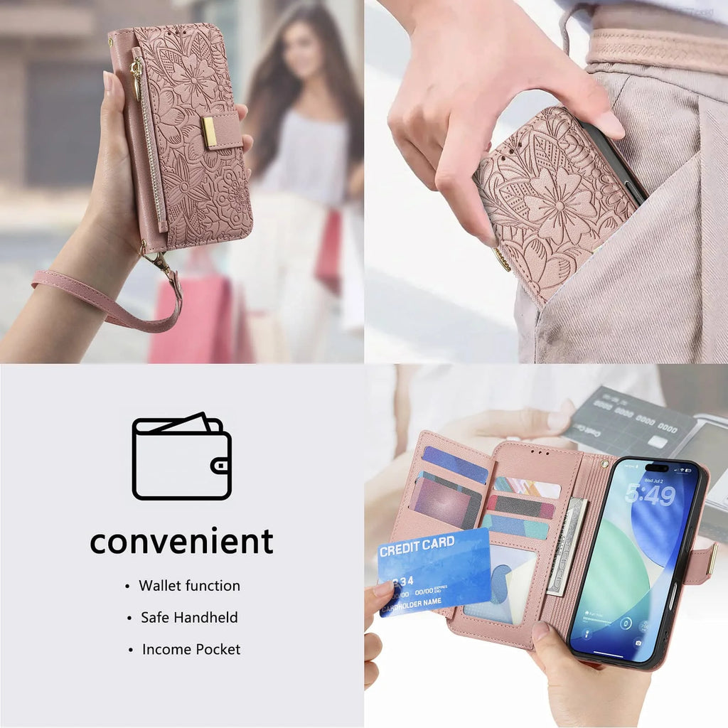 Compatible with iPhone 17/16e/15/14/13/12 Pro Max 16 Plus Lanyard Zipper Wallet Case Dual Card Holder Flip Stand Magnetic Buckle