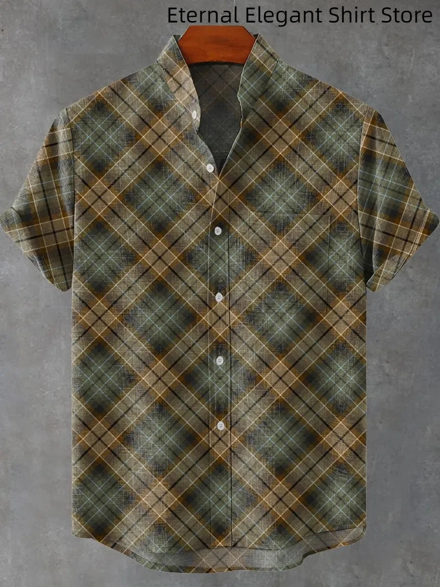 2025 Men's New Hot Selling Cool Checkered Pattern Printed Summer Comfortable Linen Short sleeved Shirt Men's Casual Button Top