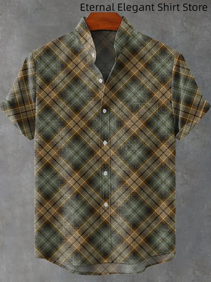 2025 Men's New Hot Selling Cool Checkered Pattern Printed Summer Comfortable Linen Short sleeved Shirt Men's Casual Button Top