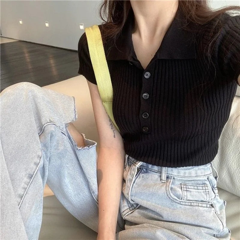 New Polo Women TShirt Ribbed Knitted Sexy Tops Summer Basic Shirts Skinny Slim Casual Short Sleeve Vest Women's Top White Black