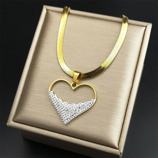 Crystal Love Heart Pendant Necklace Choker for Women Stainless Steel Gold Color Blade Chain Necklaces Jewelry Valentines Gifts