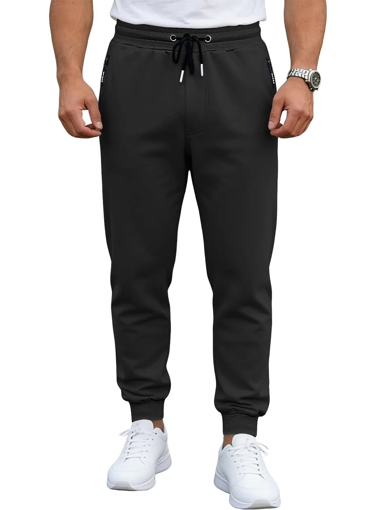 Spring/Autumn High-Quality Men's Sport Pants with Drawstring Cuffs and Zippered Pockets - Solid Color Elasticated Casual Pants