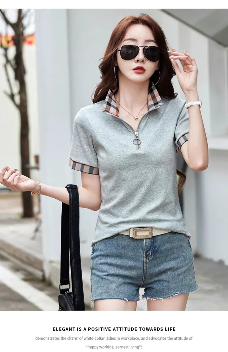 New Women Summer Cotton Polo T-shirt Fashion Button Plaid Turn-down Collar Short Sleeve Slim T-shirt Simplicity Casual Tees Tops