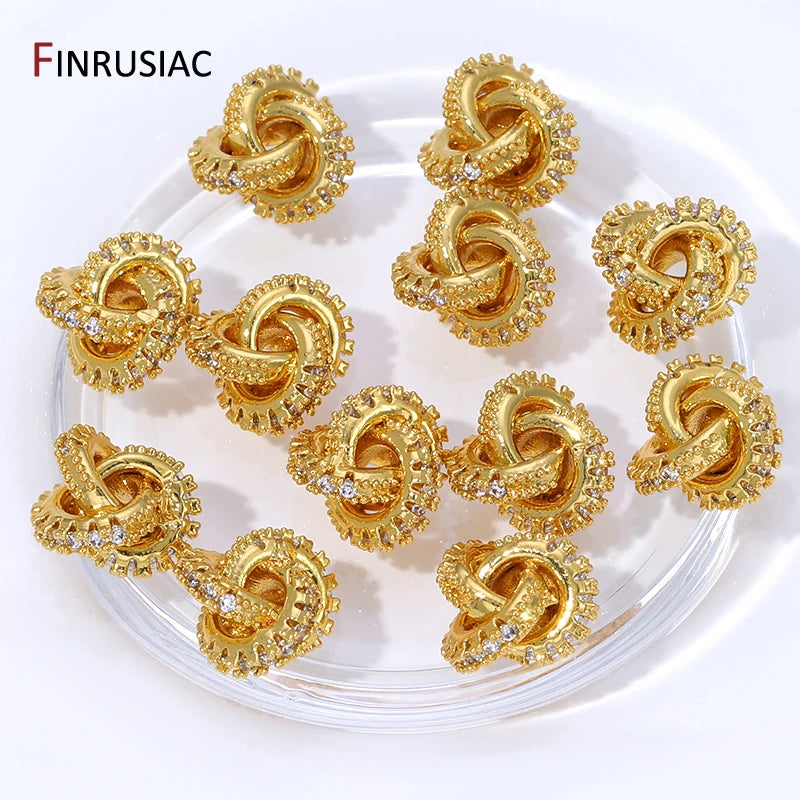 18K Gold Plated Brass With Zircon Round Twist Beads For Bracelets,Separator Bead,Spacer Beads For DIY Jewelry Making Accessories