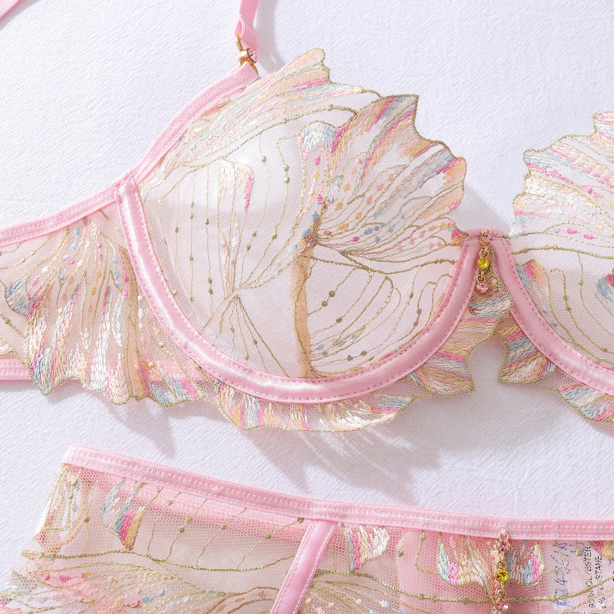Ellolace Honey Women's Lingerie Sets Romantic Coquette Embroidered Bra 3PC Stockings Premium Gold Thread Jewel Decor Underwear