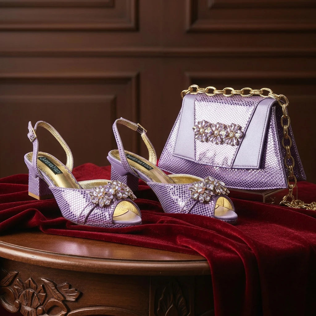 New Elegant 2026 Lilac Peep Toe Women Heels with Diamond Accents - Italian Design Matching Pumps and Bag Set for Parties