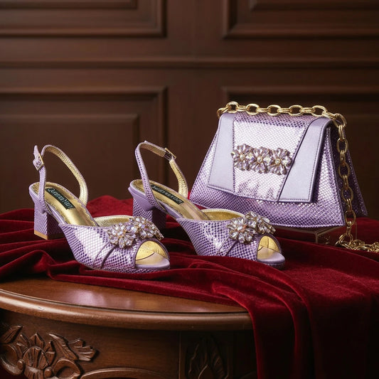 New Elegant 2026 Lilac Peep Toe Women Heels with Diamond Accents - Italian Design Matching Pumps and Bag Set for Parties