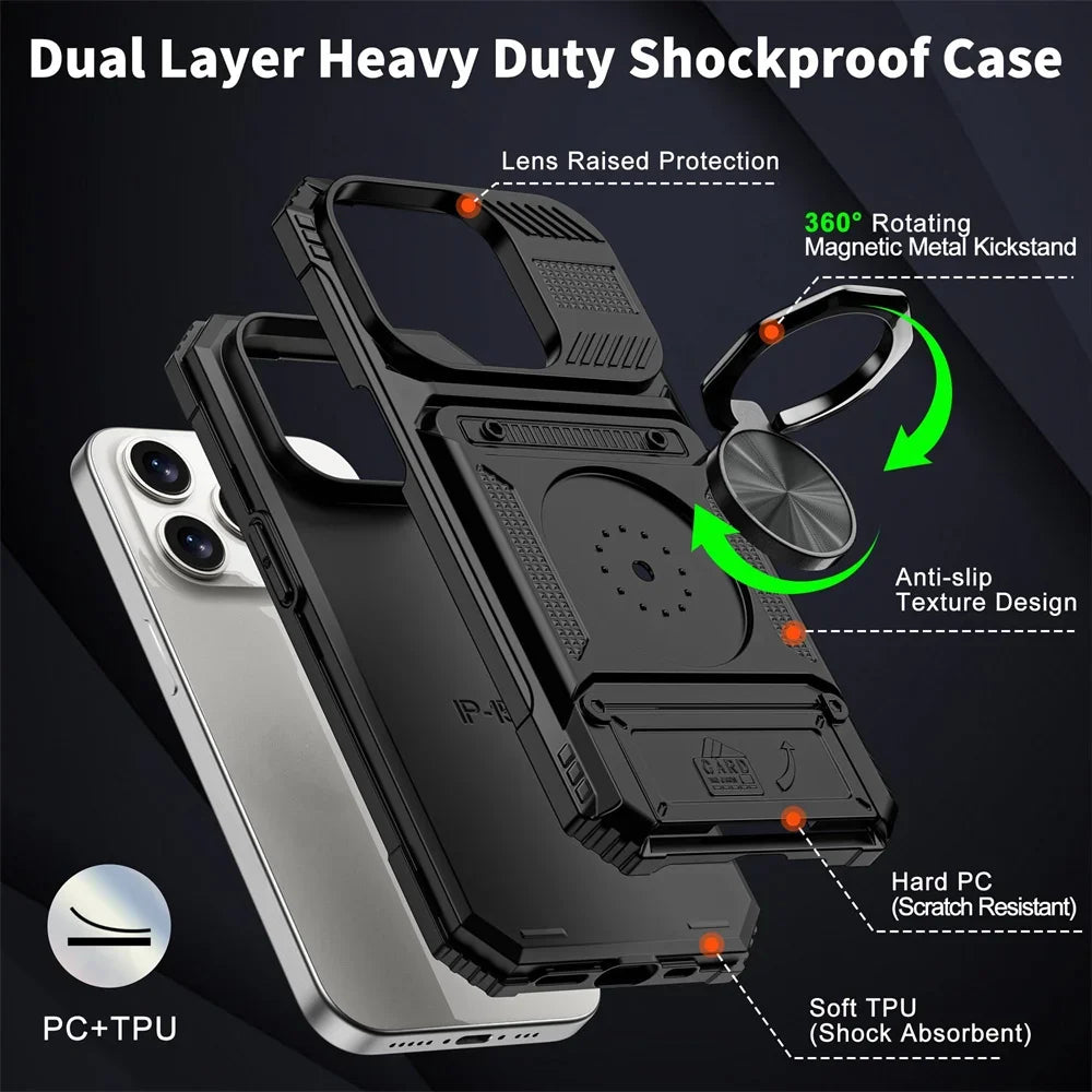 Military Quality Case for iPhone 11 13 14 15 16 Pro Max Magnetic Rotated Ring Kickstand Heavy Duty Drop Protection Wallet Cover