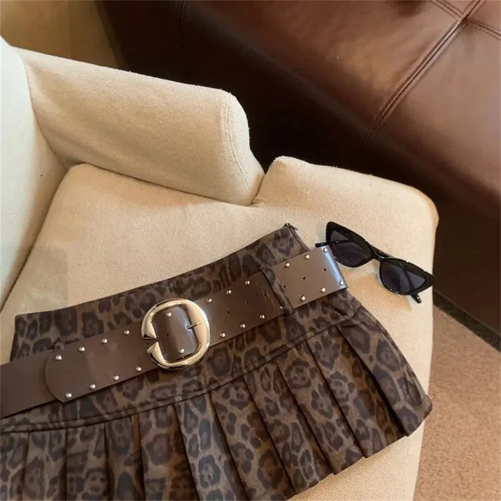 Leopard Print High-Waist Short Skirt Women'S Y2k Sexy Hot Girl New Slim Pleated Skirts Aesthetic High Street Retro A-Line Skirt