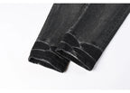 Men's Fashionable Black/Gray Jeans with Pleats Nostalgic Perforations Red Patches Washed Water High Street Style