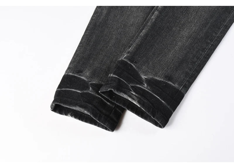 Men's Fashionable Black/Gray Jeans with Pleats Nostalgic Perforations Red Patches Washed Water High Street Style