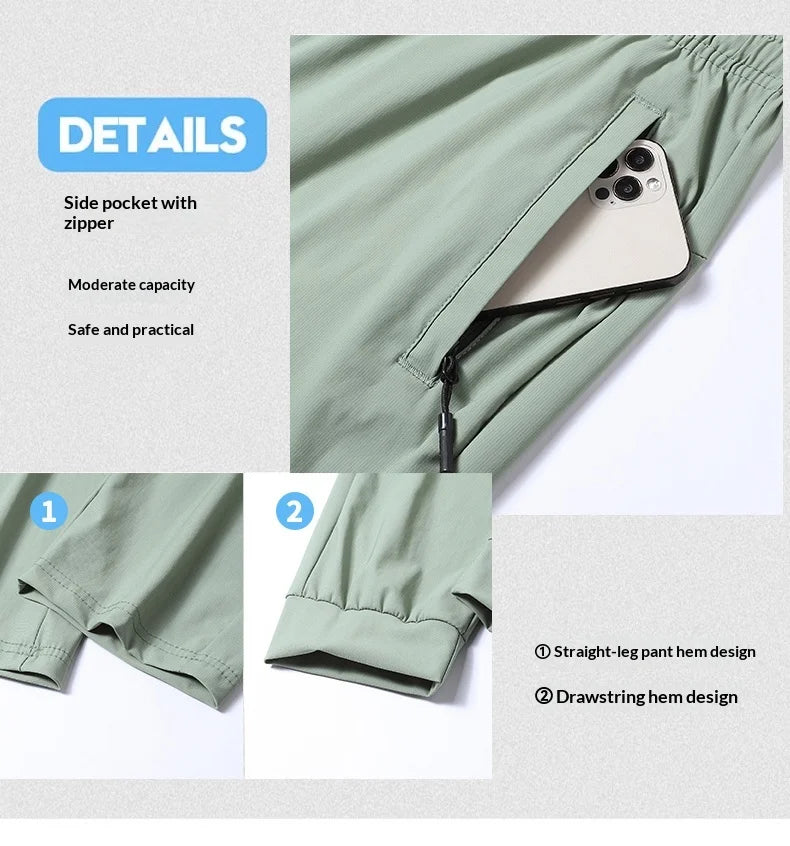 Men's Ice Silk Quick-Dry Pants Summer Lightweight Breathable Joggers with Zipper Pockets Elastic Waist Casual Sports Trousers Fo