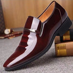 Mens Formal Wine Red Patent Leather Loafers Pointed Toe Slip On Shoes Hollow Out Non SlipBreathable Design Metal Buckle Decor