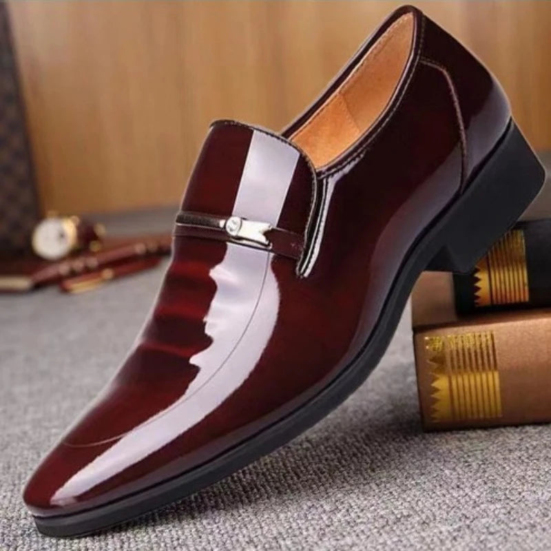 Mens Formal Wine Red Patent Leather Loafers Pointed Toe Slip On Shoes Hollow Out Non SlipBreathable Design Metal Buckle Decor